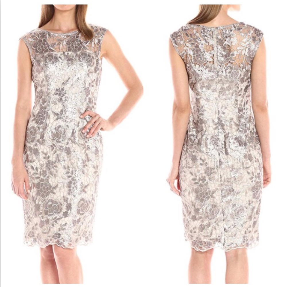 Adrianna Papell | Metallic Floral Sequin Embroidered Lace Sheath Dress Size 2